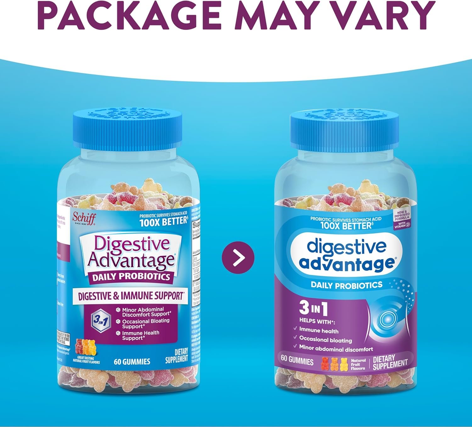 Digestive Advantage Probiotic Gummies for Digestive Health, Daily Probiotics for Women Men, Support for Occasional Bloating, Minor Abdominal Discomfort Gut Health, 2x90ct bottles Superfruit