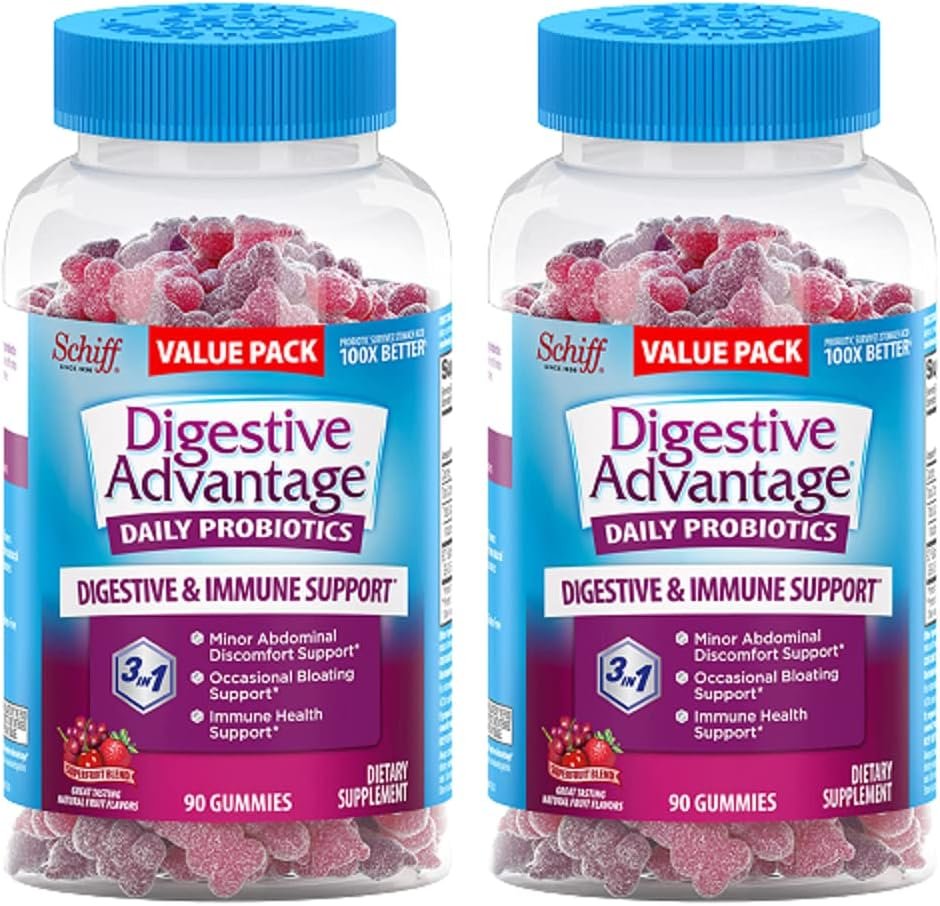 Digestive Advantage Probiotic Gummies for Digestive Health, Daily Probiotics for Women Men, Support for Occasional Bloating, Minor Abdominal Discomfort Gut Health, 2x90ct bottles Superfruit