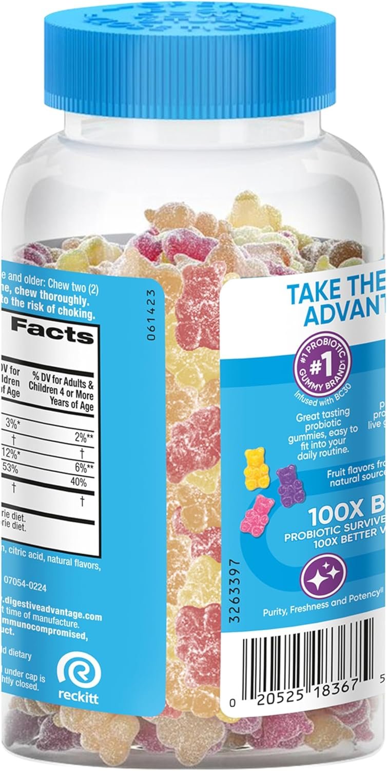 Digestive Advantage Probiotics For Digestive Health, Probiotic Gummies Vit D, Daily Probiotics For Women Men Occasional Bloating, Minor Abdominal Discomfort Gut Health, 80ct Natural Fruit Flavors