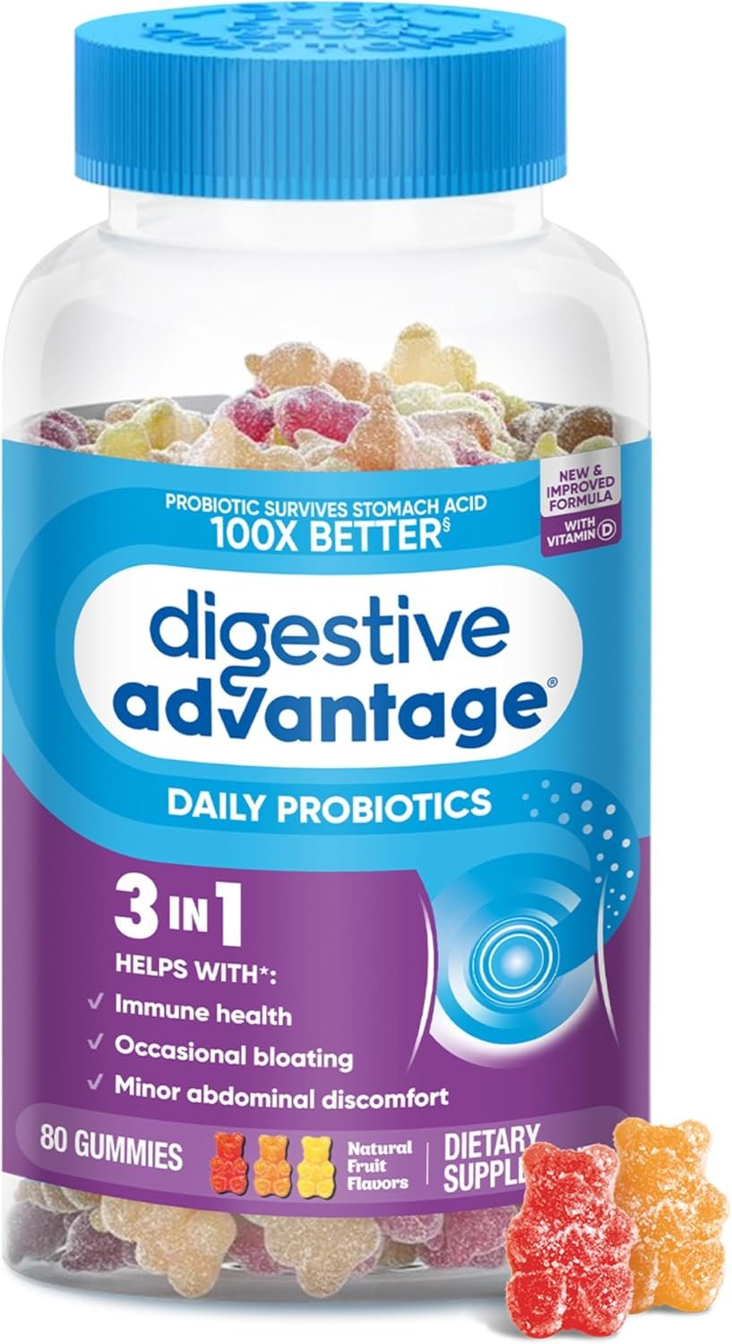 Digestive Advantage Probiotics For Digestive Health, Probiotic Gummies Vit D, Daily Probiotics For Women Men Occasional Bloating, Minor Abdominal Discomfort Gut Health, 80ct Natural Fruit Flavors