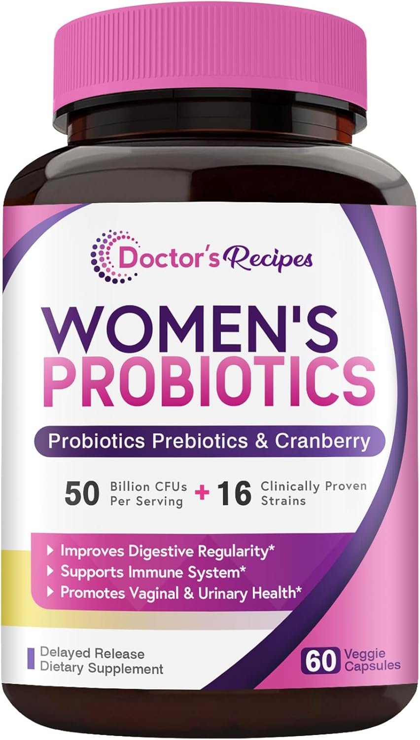 Doctors Recipes Women’s Probiotic, 60 Caps 50 Billion CFU 16 Strains, with Organic Cranberry, Digestive Immune Vaginal Urinary Health, Shelf Stable, Delayed Release, No Soy Gluten Dairy