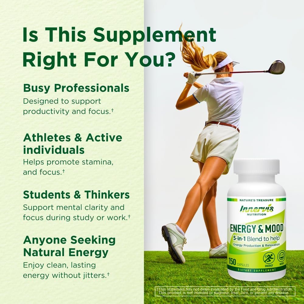 Energy Mood Supplement – 60 Capsules 5-in-1 Blend Boost Energy Production Support Relaxation Fatigue Stress Relief Formula Mood Enhancer – Non-GMO Lab Tested