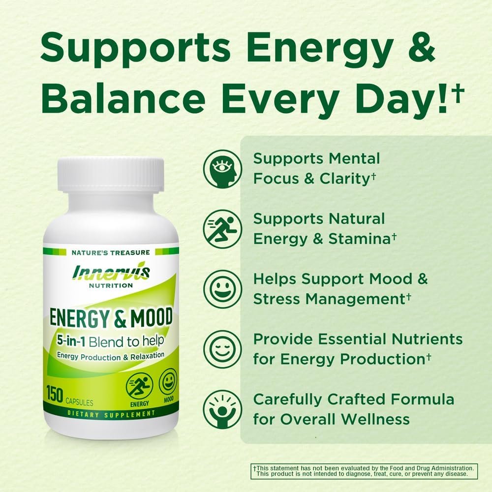 Energy Mood Supplement – 60 Capsules 5-in-1 Blend Boost Energy Production Support Relaxation Fatigue Stress Relief Formula Mood Enhancer – Non-GMO Lab Tested