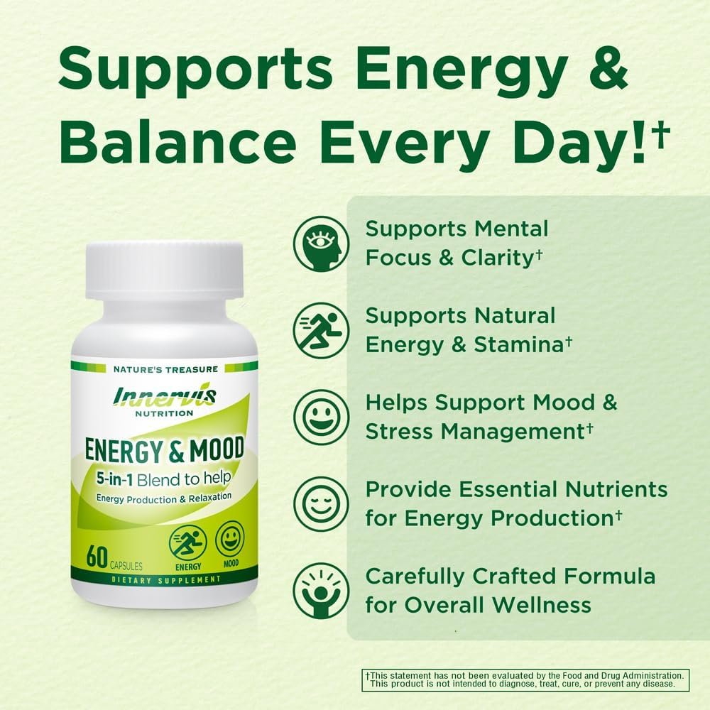 Energy Mood Supplement – 60 Capsules 5-in-1 Blend Boost Energy Production Support Relaxation Fatigue Stress Relief Formula Mood Enhancer – Non-GMO Lab Tested
