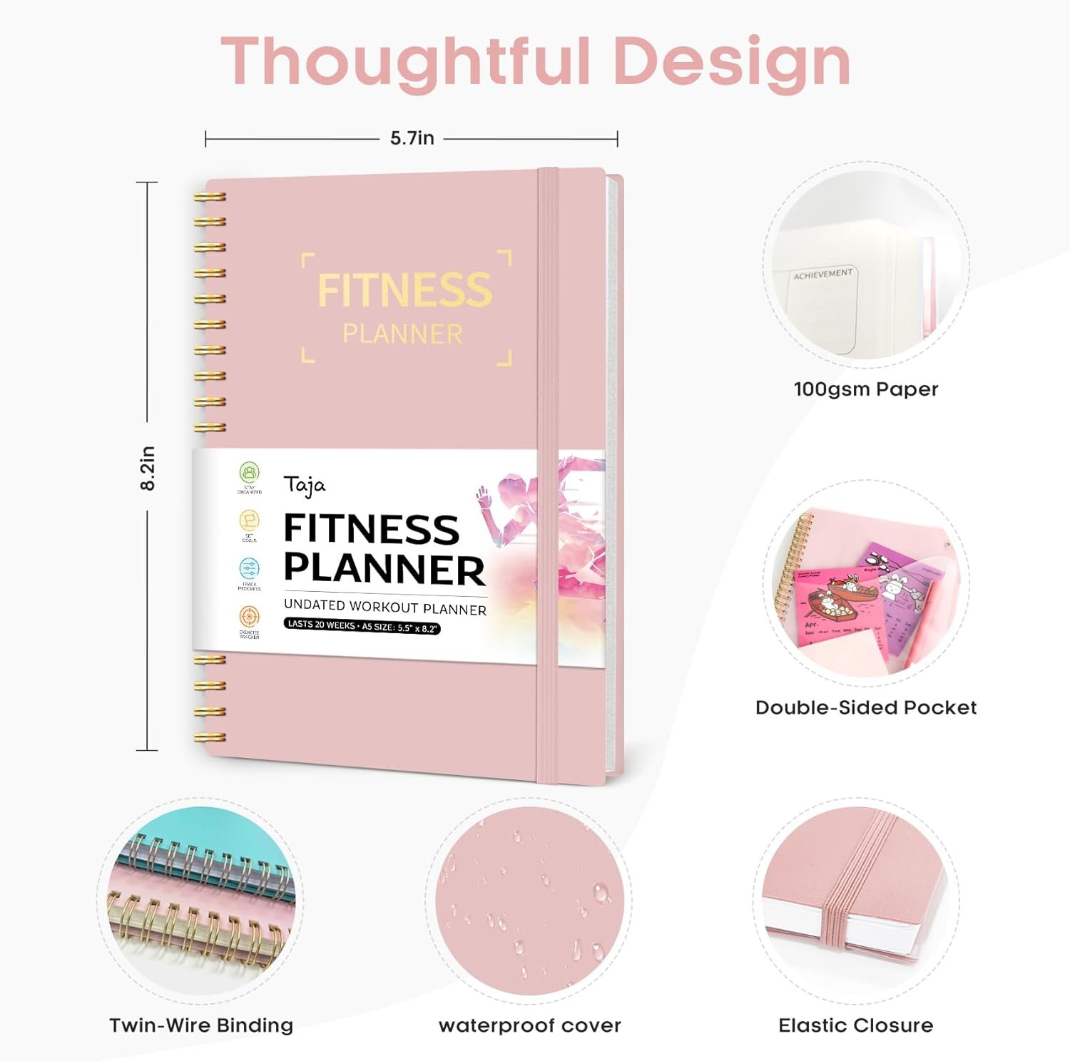 Fitness Workout Journal for Women  Men, A5(5.5 x 8.2) Workout Log Book Planner for Tracking, Progress, and Achieving Your Wellness Goals-Pink