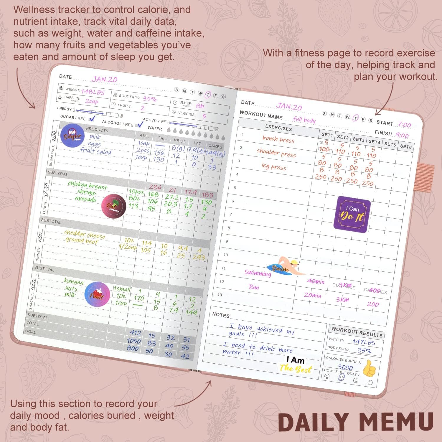 Food and Fitness Journal Hardcover Wellness Planner Workout Journal for Women Men to Track Meal and Exercise Count Calories Weight Loss Diet Training Weight Loss Tracker Undated Home and Gym