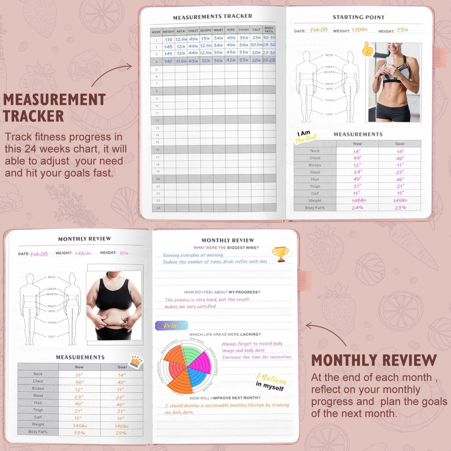 Food and Fitness Journal Hardcover Wellness Planner Workout Journal for Women Men to Track Meal and Exercise Count Calories Weight Loss Diet Training Weight Loss Tracker Undated Home and Gym