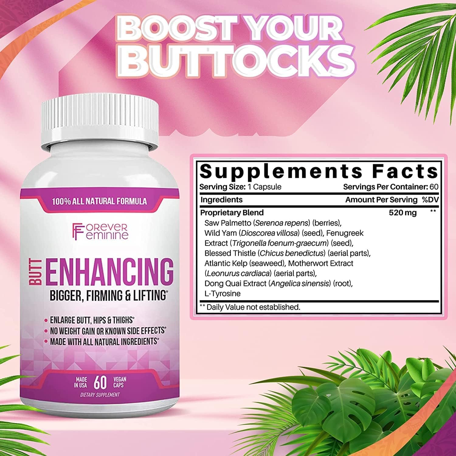 Forever Feminine Premium Butt Enhancement Pills - Booty Enlargement Pills - Butt Lift, Firm and Shape Enhancer - Glute Growth Lifting and Firming Supplement - Advance Bigger Butt Without Gains - 60 ct