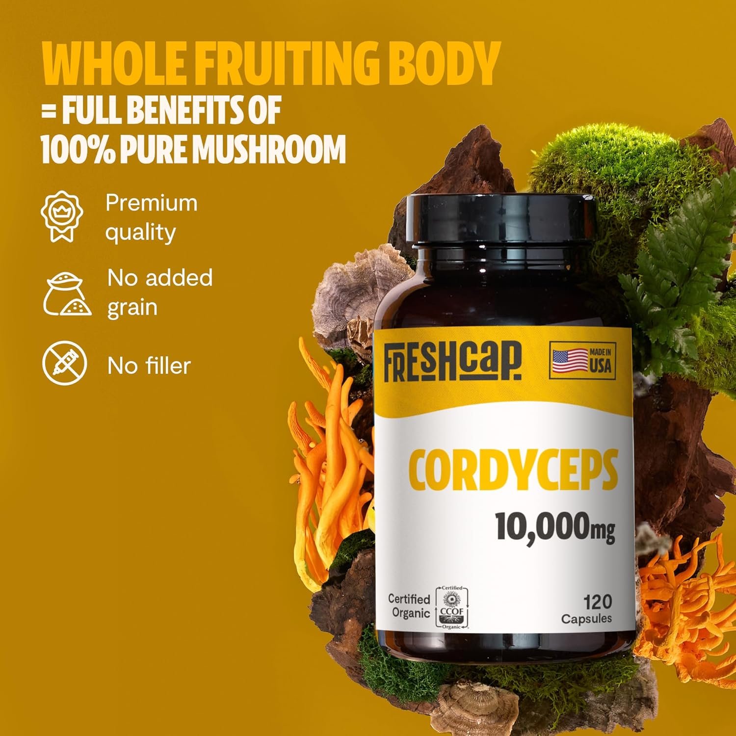 FreshCap 5-in-1 Energy Supplements, Energy Supplements for Women and Men, Energy Boosters for Fatigue, Energy Support, Cordyceps Extract, Ayurveda Cordyceps Mushroom Blend Capsules (120 Capsules)