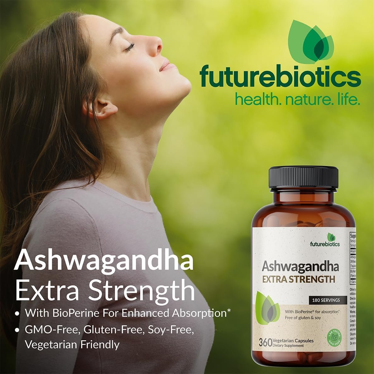 Futurebiotics Ashwagandha Extra Strength Stress  Mood Support with BioPerine - Non GMO Formula, 100 Vegetarian Capsules