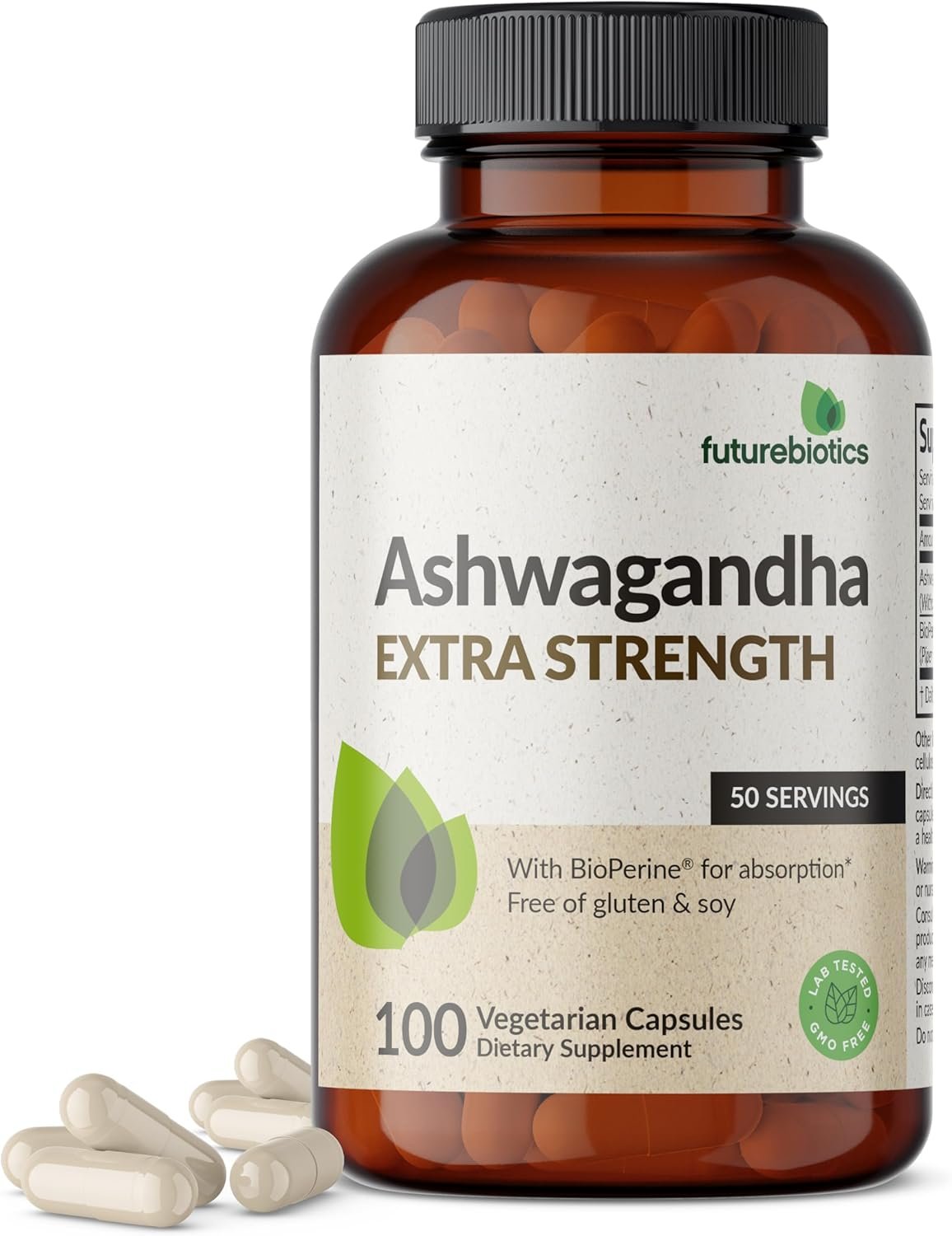 Futurebiotics Ashwagandha Extra Strength Stress  Mood Support with BioPerine - Non GMO Formula, 100 Vegetarian Capsules