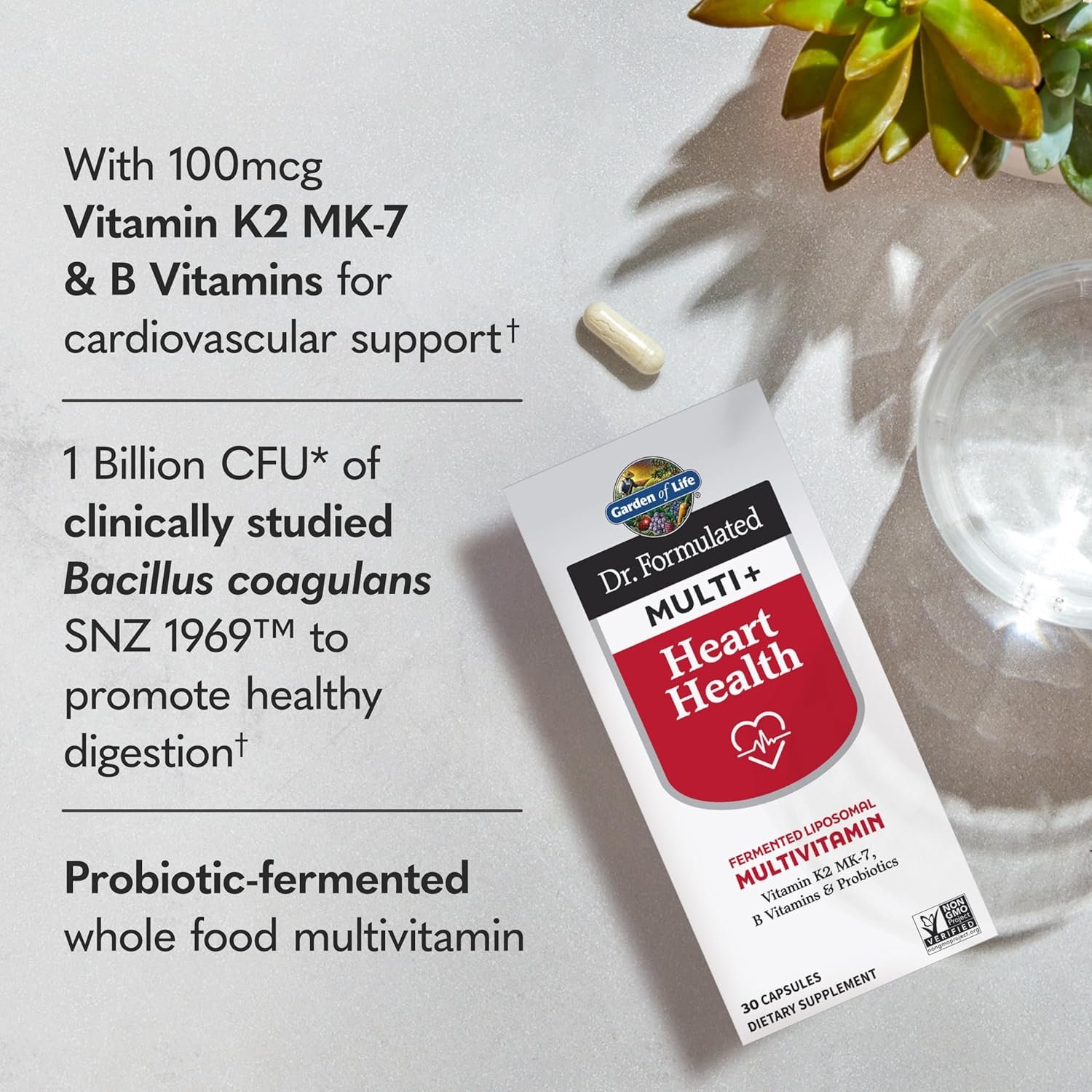 Garden of Life Dr. Formulated Multi+ Heart Health - Fermented Liposomal Multivitamin + Vitamin K2 MK-7, B Vitamins Probiotics - One a Day for Cardiovascular Blood Vessel Function, 30 Capsules
