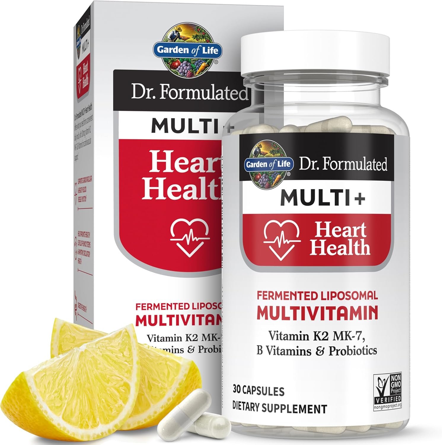 Garden of Life Dr. Formulated Multi+ Heart Health - Fermented Liposomal Multivitamin + Vitamin K2 MK-7, B Vitamins Probiotics - One a Day for Cardiovascular Blood Vessel Function, 30 Capsules