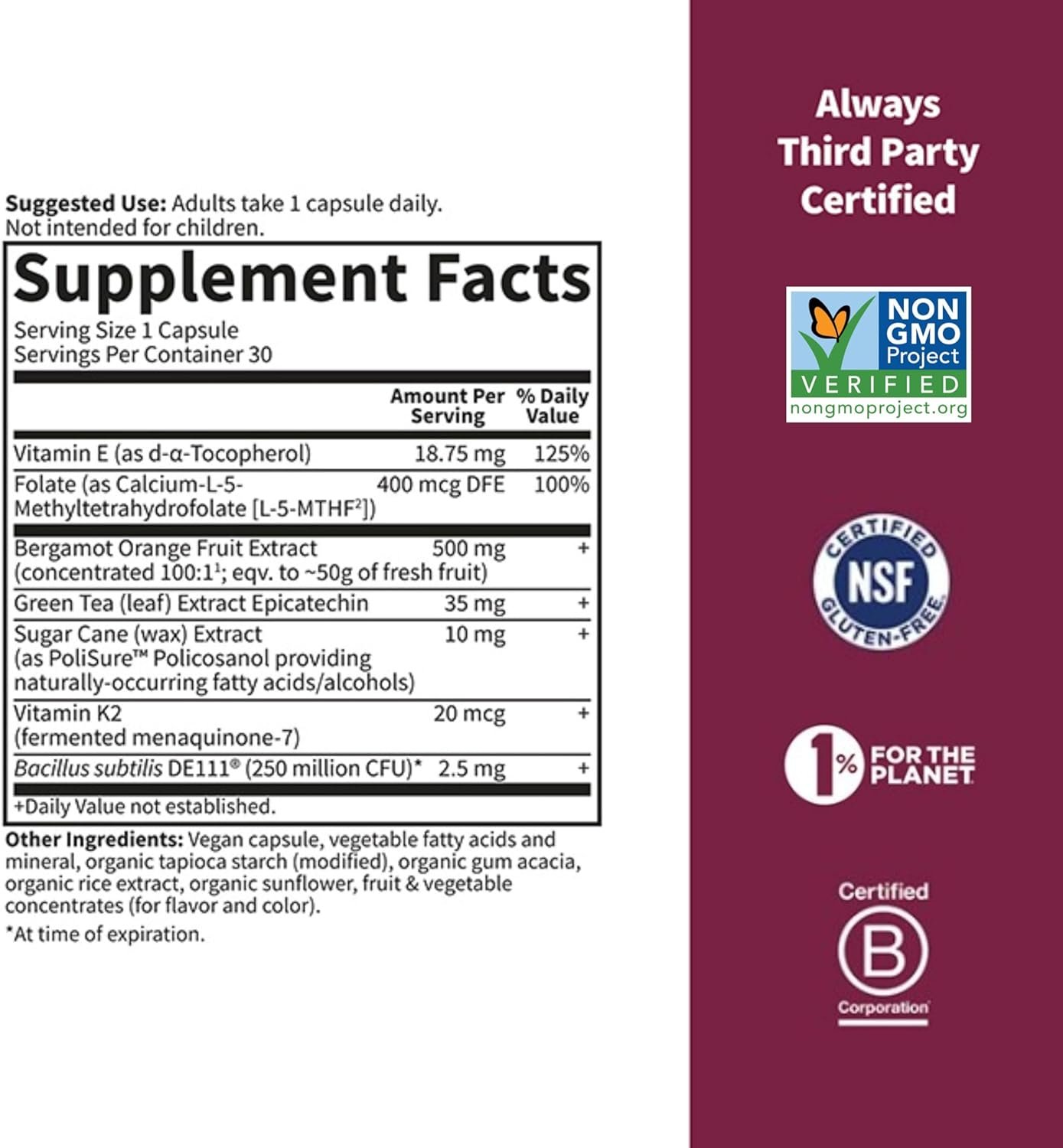 Garden of Life Herbals Heart Health Supplement with Folate, Bergamot, Green Tea Vitamin E K for Cholesterol, Circulatory Blood Pressure Support, Non-GMO, Gluten-Free, Citrus Flavor, 30 Servings