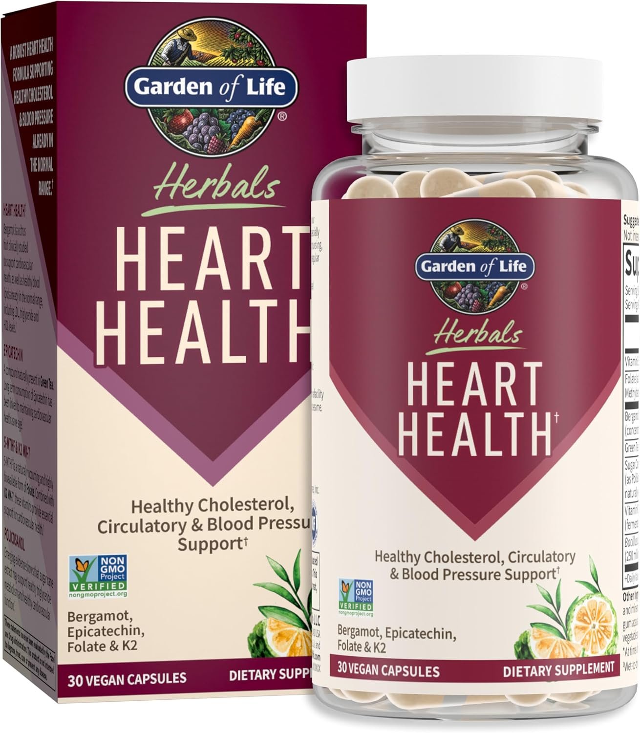 Garden of Life Herbals Heart Health Supplement with Folate, Bergamot, Green Tea Vitamin E K for Cholesterol, Circulatory Blood Pressure Support, Non-GMO, Gluten-Free, Citrus Flavor, 30 Servings