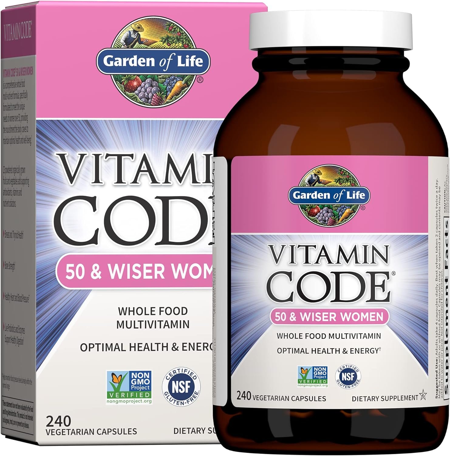 Garden of Life Multivitamin for Women 50 Over, Vitamin Code Women 50 Wiser Multi - 240 Capsules with Vitamins A, B, C, D3, E K, CoQ10, Probiotics Enzymes