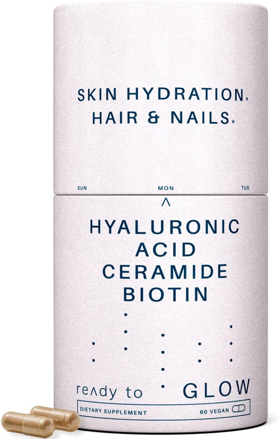 Glow Anti Aging Supplement - Hyabest® Hyaluronic Acid, Ceramide, 5000 mcg Biotin, Vitamin A, C, E, Zinc - Nails Skin Supplement, Hair Growth - Wrinkles Skin Hydration - 60 Capsules