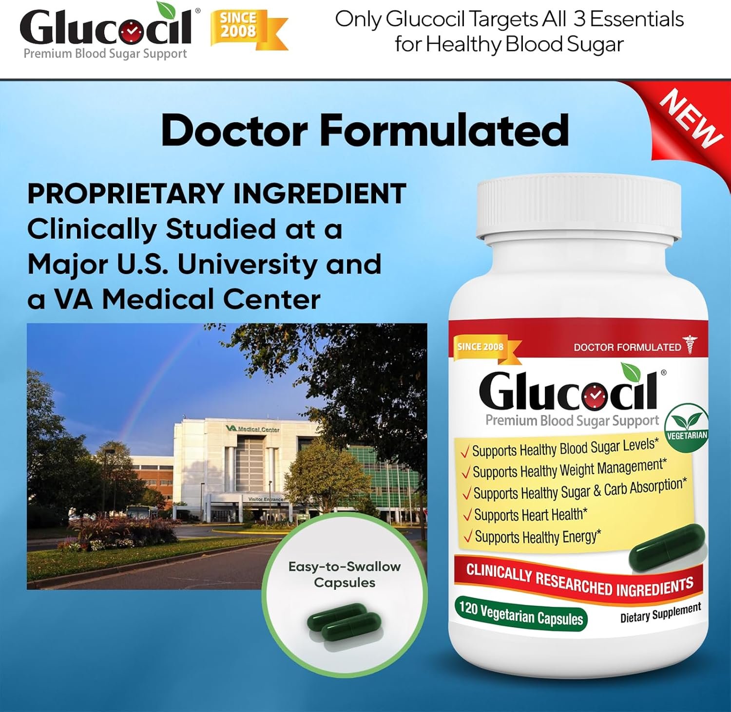Glucocil – New - Vegetarian Capsules - Premium Blood Sugar Support - Supports The 3 Essentials for Healthy Blood Sugar - with Berberine, Proprietary Mulberry Leaf, and More
