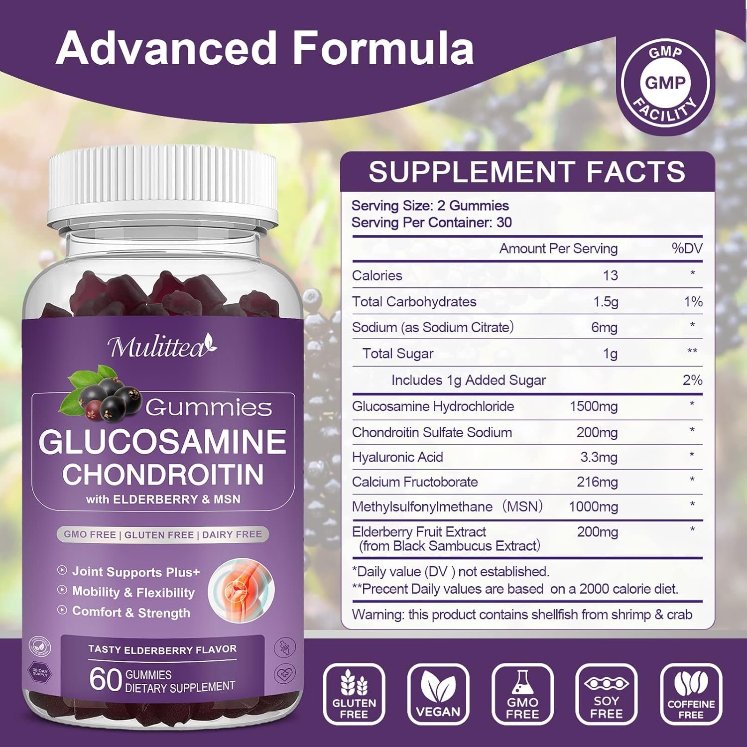 Glucosamine Chondroitin Gummies - Extra Strength Joint Support Supplement with MSM Elderberry for Natural Joint, Antioxidant Immune Support for Adults, Men Women-(2 Pack)