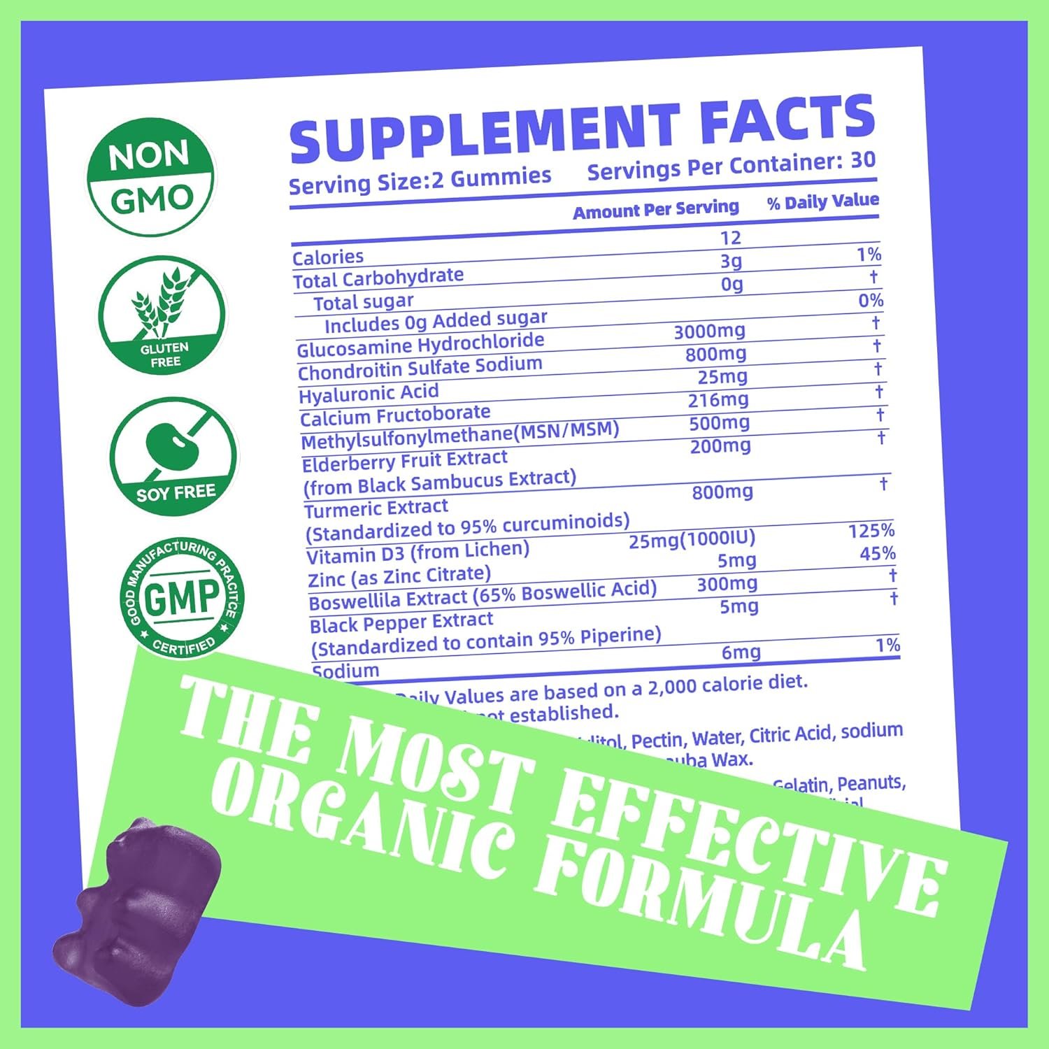 Glucosamine Chondroitin Gummies with MSM Elderberry Extra Strength - Joint Support, Antioxidant Immune Support Supplement for Adults, Men Women.Strawberry