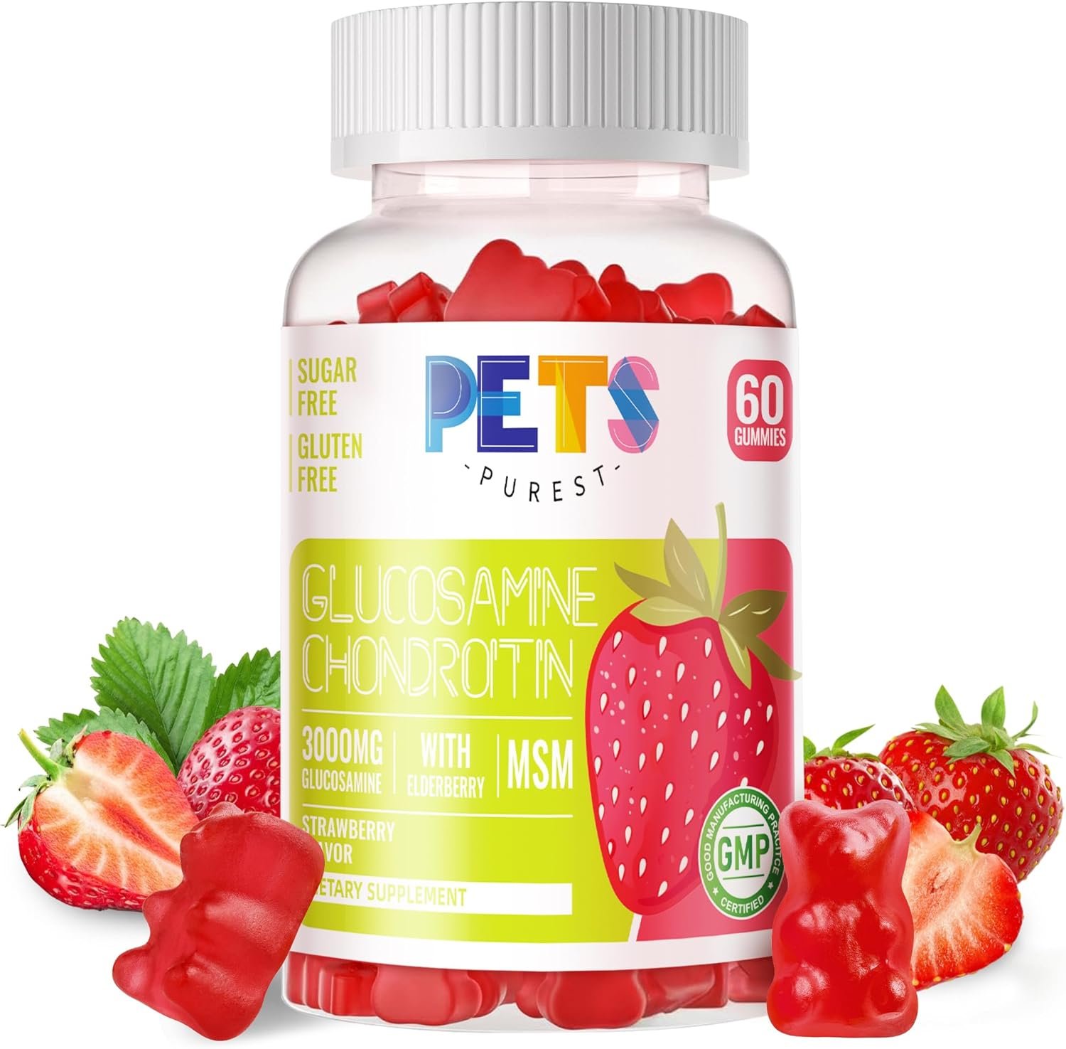 Glucosamine Chondroitin Gummies with MSM Elderberry Extra Strength - Joint Support, Antioxidant Immune Support Supplement for Adults, Men Women.Strawberry