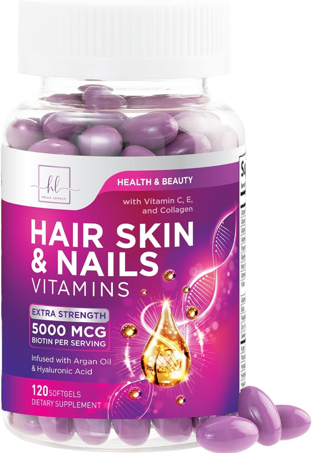 Hair Growth Supplement for Women - Biotin 5000mcg, Collagen, Argan Oil Hyaluronic Acid for Keratin Support, Hair Supplements to Support Thicker, Stronger Hair, Skin Nails - 120 Softgels