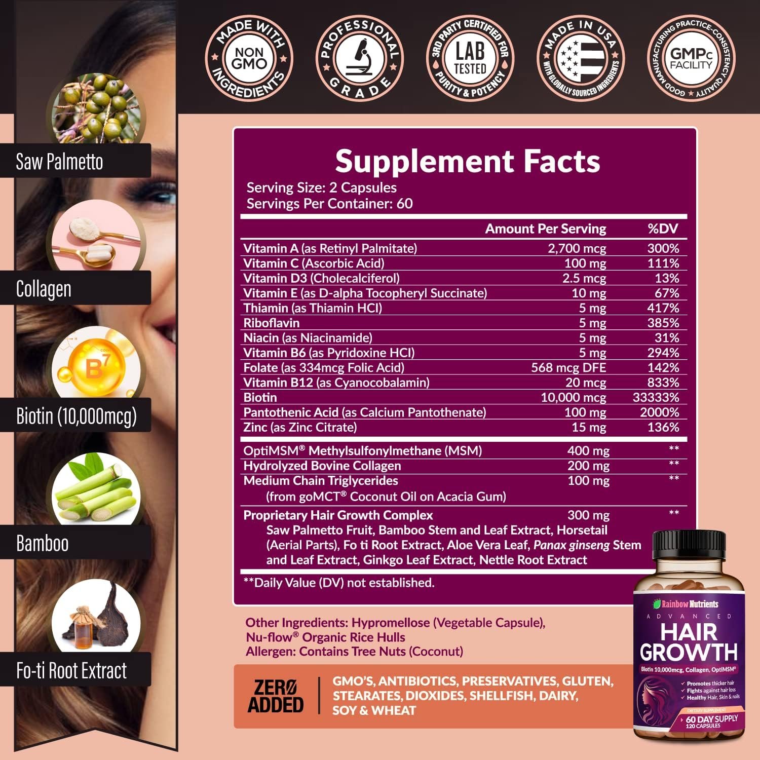 Hair Growth Vitamins for Women | Biotin 10,000mcg, Collagen, Patented OptiMSM®, goMCT®, Saw Palmetto | Naturally Regrow Stronger Healthier Hair, Skin and Nails | Stops Hair Loss | 60 Day Supply