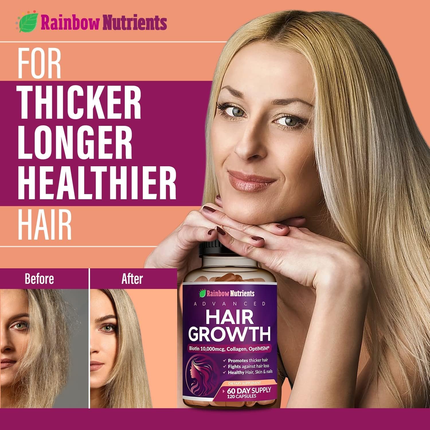 Hair Growth Vitamins for Women | Biotin 10,000mcg, Collagen, Patented OptiMSM®, goMCT®, Saw Palmetto | Naturally Regrow Stronger Healthier Hair, Skin and Nails | Stops Hair Loss | 60 Day Supply