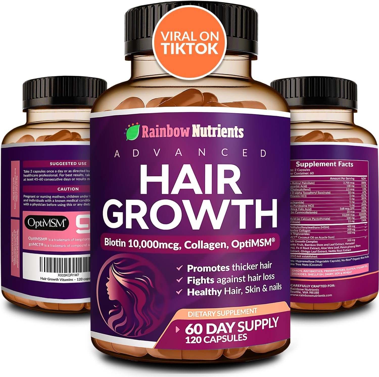 Hair Growth Vitamins for Women | Biotin 10,000mcg, Collagen, Patented OptiMSM®, goMCT®, Saw Palmetto | Naturally Regrow Stronger Healthier Hair, Skin and Nails | Stops Hair Loss | 60 Day Supply