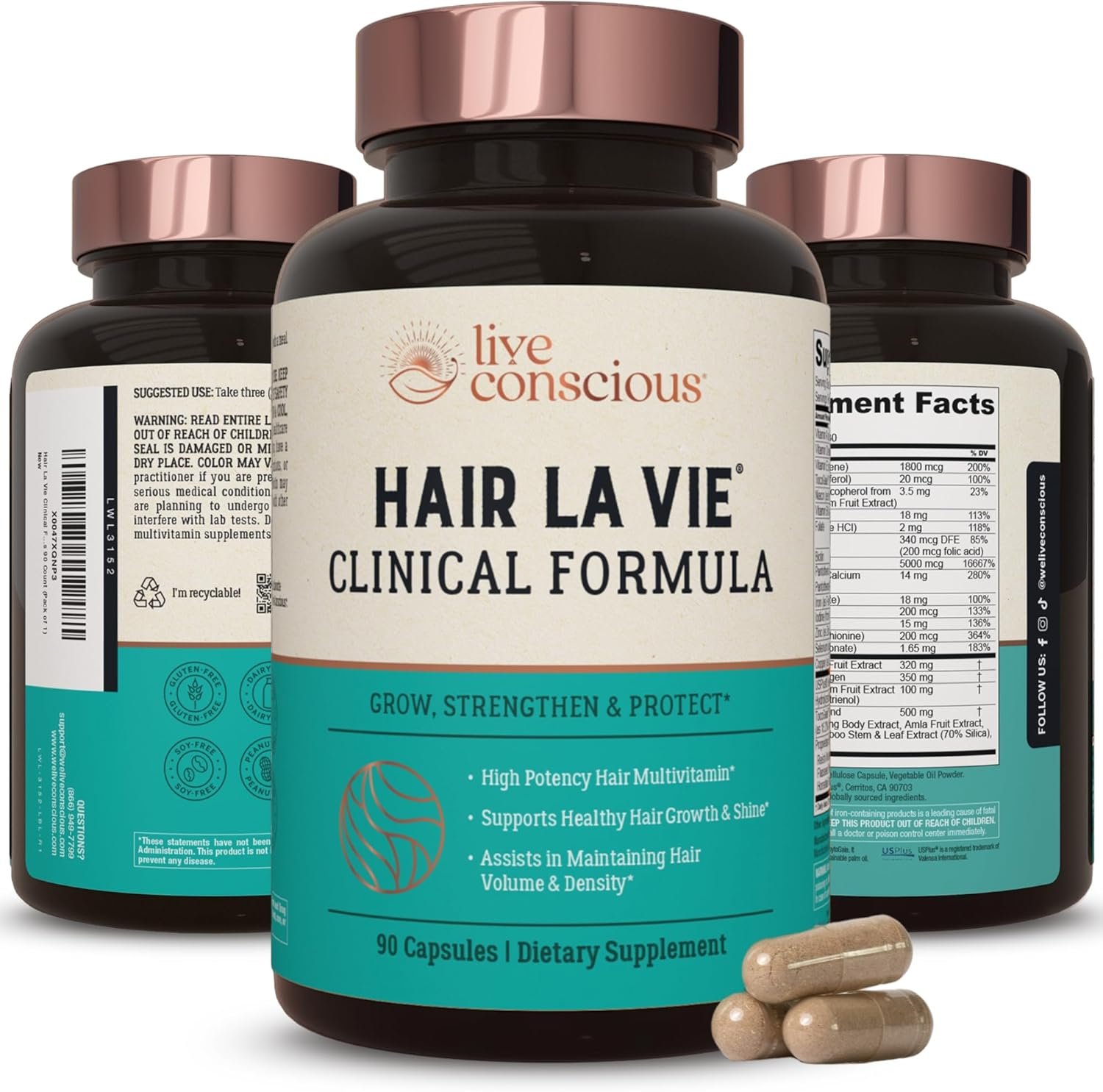 Hair La Vie Live Conscious Clinical Formula Hair Growth Vitamins for Women and Men w/Biotin 5000mcg, Collagen Saw Palmetto (Pack of 1)