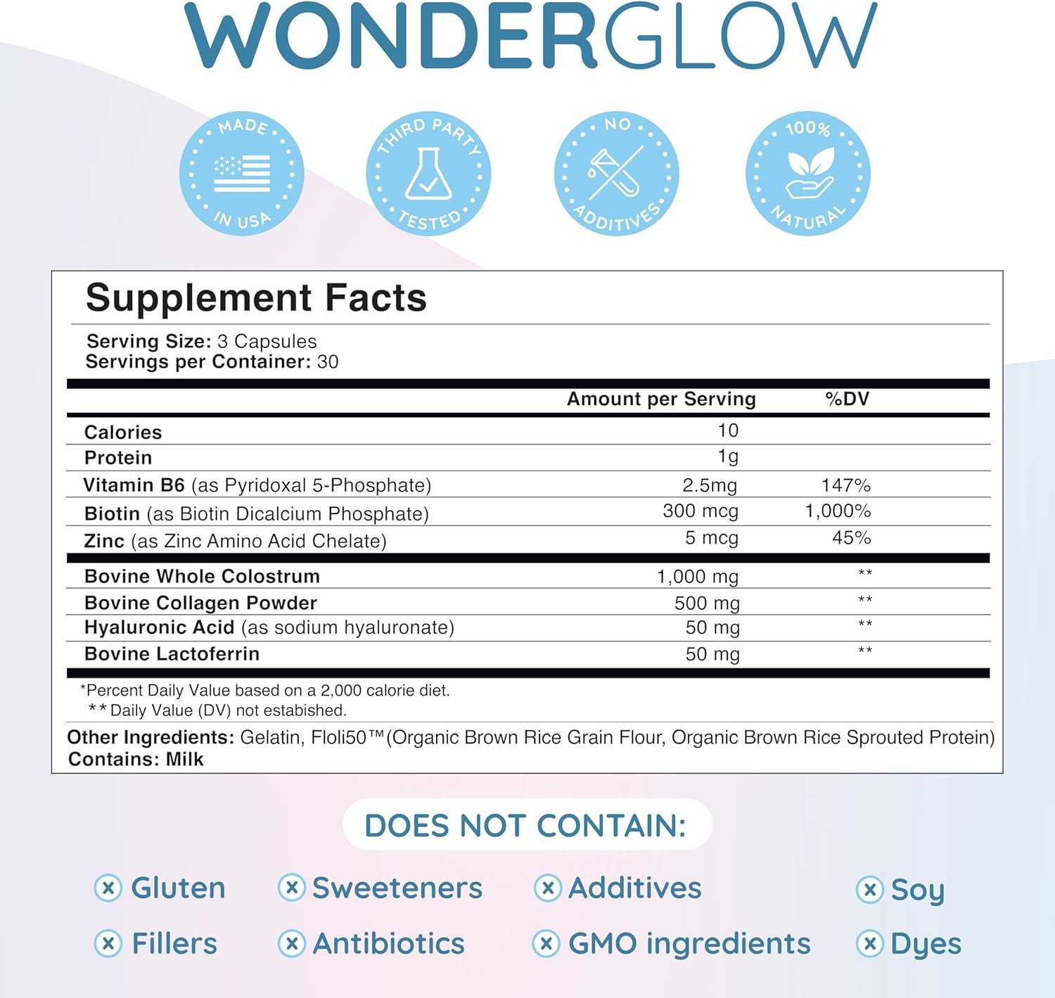 Hair Skin and Nails Vitamins w/Bovine Colostrum, Collagen, Hyaluronic Acid, Biotin, Zinc, Lactoferrin┃Supports Faster Hair Growth, Stronger Nails and Glowing Skin (30 Servings, Capsule)
