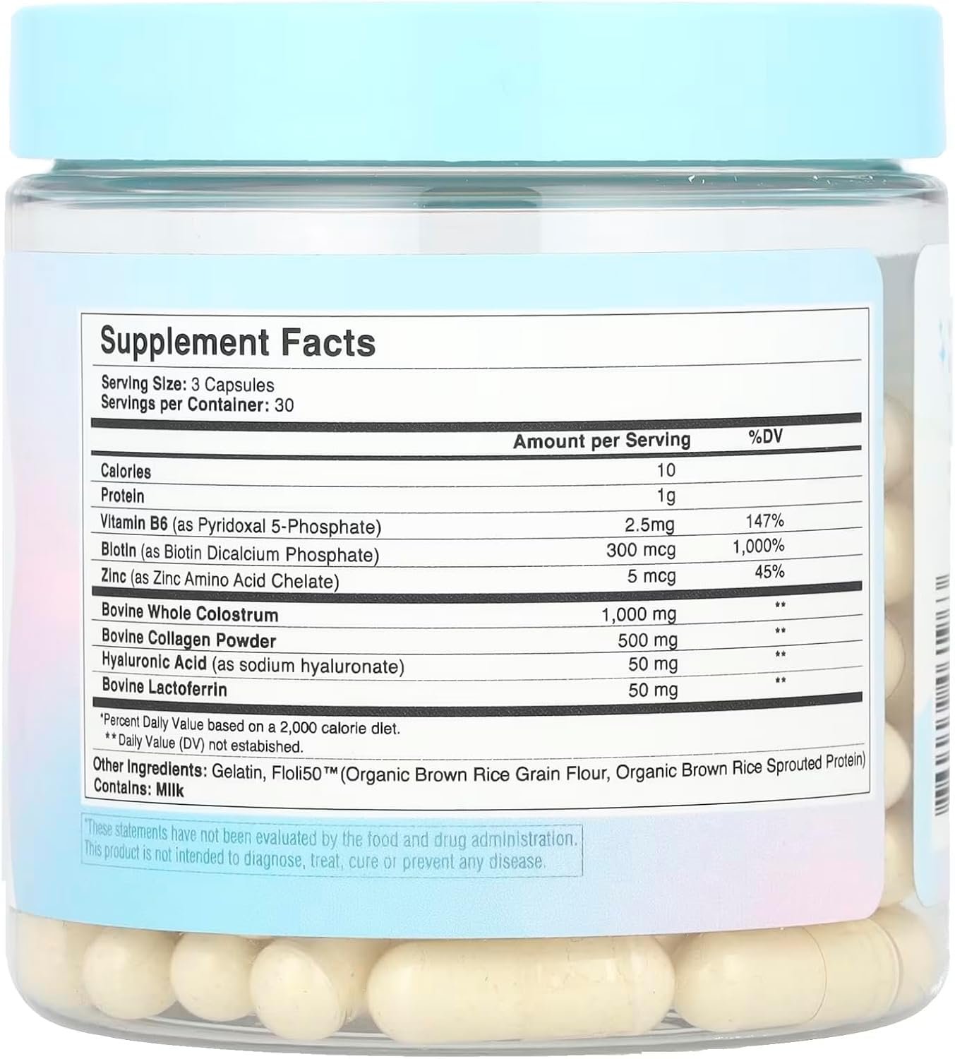 Hair Skin and Nails Vitamins w/Bovine Colostrum, Collagen, Hyaluronic Acid, Biotin, Zinc, Lactoferrin┃Supports Faster Hair Growth, Stronger Nails and Glowing Skin (30 Servings, Capsule)