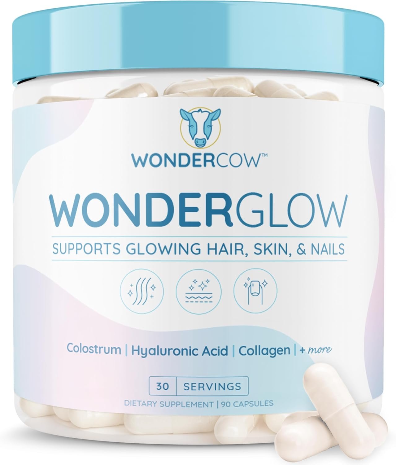 Hair Skin and Nails Vitamins w/Bovine Colostrum, Collagen, Hyaluronic Acid, Biotin, Zinc, Lactoferrin┃Supports Faster Hair Growth, Stronger Nails and Glowing Skin (30 Servings, Capsule)