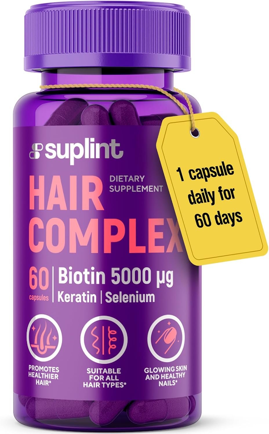 Hair Vitamin Complex with Biotin 5000mcg, Keratin, Selen, Zink | Hair Growth Supplement with Vitamin A, C, D, E, B12 | Hair, Skin Nail Support Supplement for Women Men | 60 Capsules