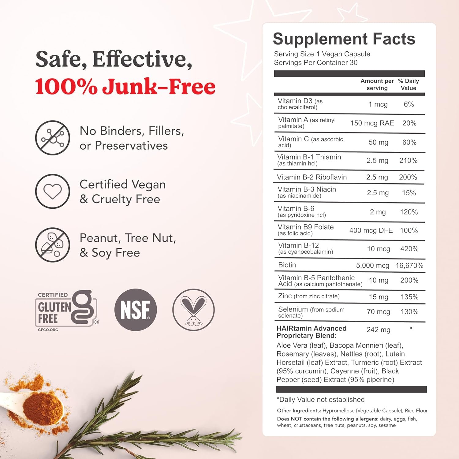 HAIRtamin Vegan Hair Vitamins for Faster Hair Growth | All Natural Biotin Hair Growth Vitamin Capsules to Support Healthy Hair Skin and Nails | One-a-Day Supplement | May Reduce Hair Loss Thinning