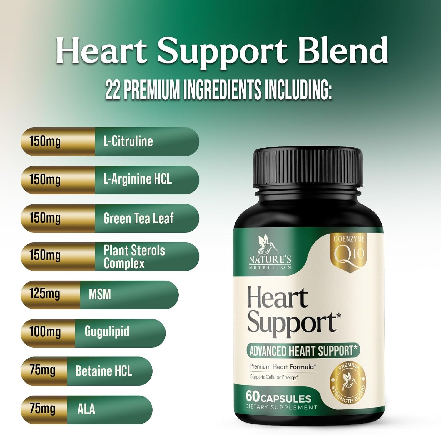 Heart Supplements for Men Women 1650mg - Antioxidants for Heart Health Support with CoQ10, Hawthorn, Plant Sterol More Vitamins to Support Nitric Oxide Energy Production, Non-GMO - 60 Capsules