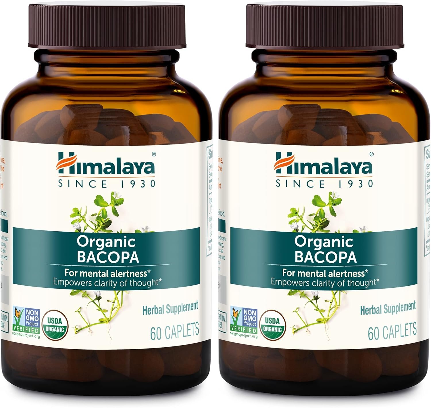 Himalaya Organic Bacopa Monnieri Nootropic Herbal Supplement, Supports Calm, Memory, Cognition, USDA Certified Organic, Non-GMO, 750 mg, 60 Plant-Based Caplets, 60 Day Supply