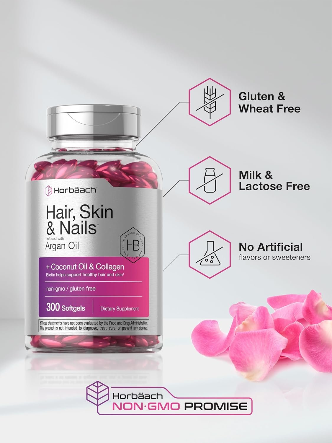 Horbäach Hair Skin and Nails Vitamins | 300 Softgels | with Biotin and Collagen | Infused with Argan Oil and Coconut Oil | Non-GMO, Gluten Free Supplement