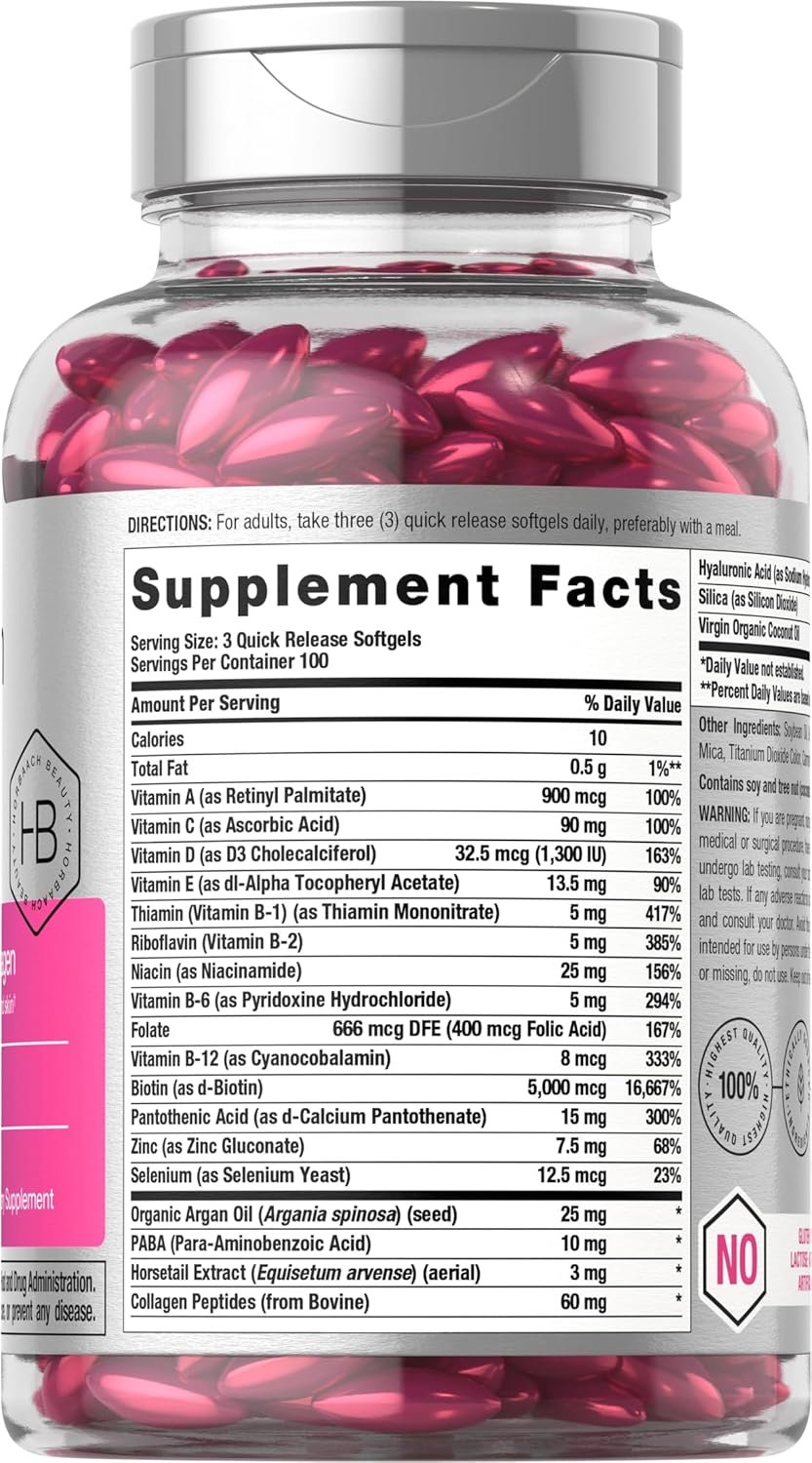 Horbäach Hair Skin and Nails Vitamins | 300 Softgels | with Biotin and Collagen | Infused with Argan Oil and Coconut Oil | Non-GMO, Gluten Free Supplement