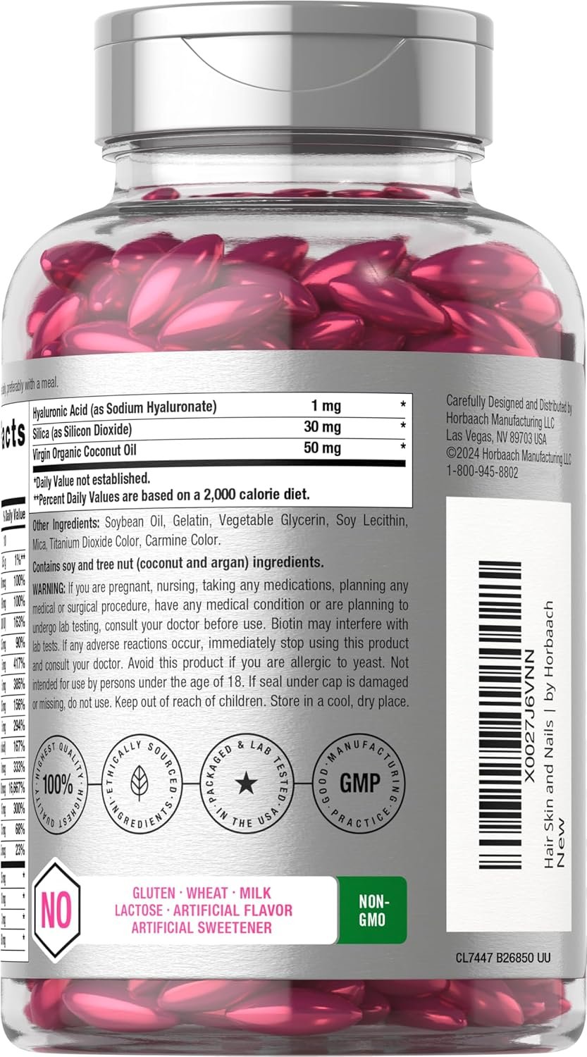 Horbäach Hair Skin and Nails Vitamins | 300 Softgels | with Biotin and Collagen | Infused with Argan Oil and Coconut Oil | Non-GMO, Gluten Free Supplement