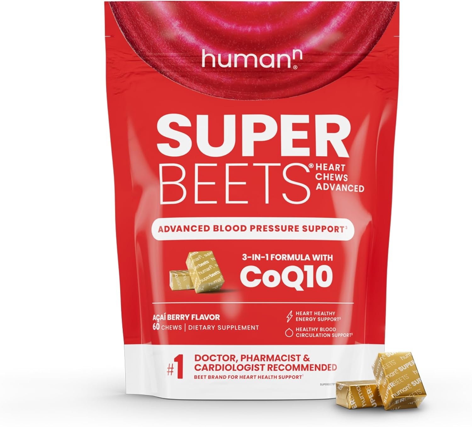 humanN SuperBeets Heart Chews Advanced - 3-in-1 Formula with Beetroot, Grape Seed Extract, CoQ10, 60 Count