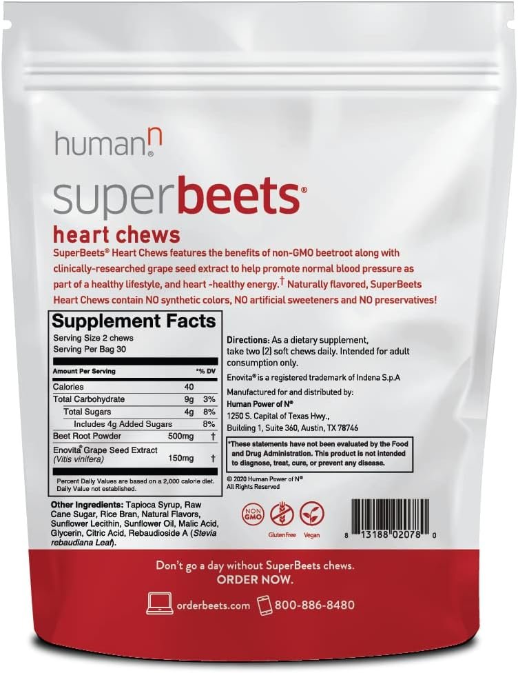 humanN SuperBeets Heart Chews, Nitric Oxide and Blood Pressure Support, Grape Seed Extract Non-GMO Beet Root Powder Energy Supplement, Pomegranate Berry Flavor, 60 Count