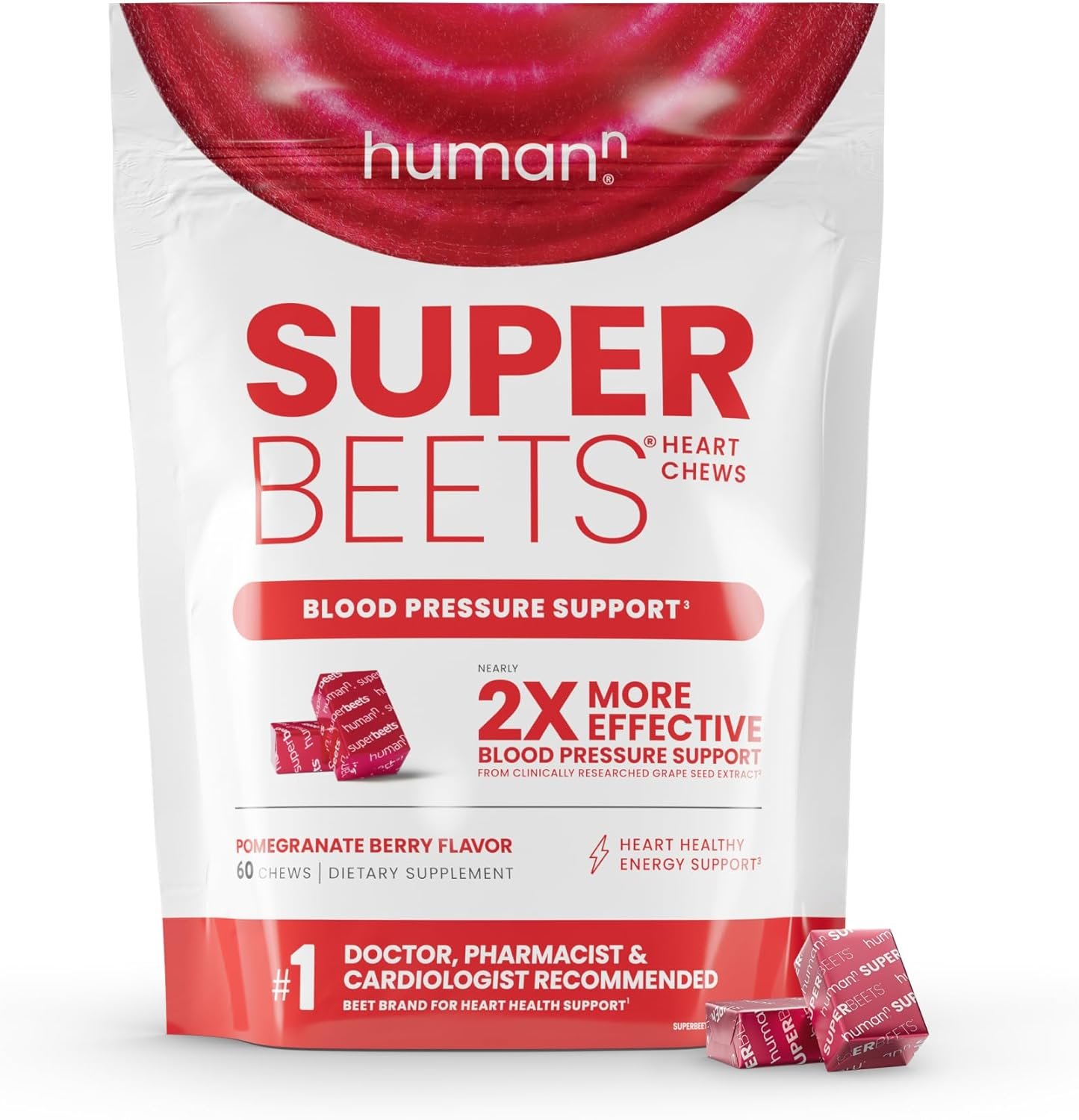 humanN SuperBeets Heart Chews, Nitric Oxide and Blood Pressure Support, Grape Seed Extract Non-GMO Beet Root Powder Energy Supplement, Pomegranate Berry Flavor, 60 Count