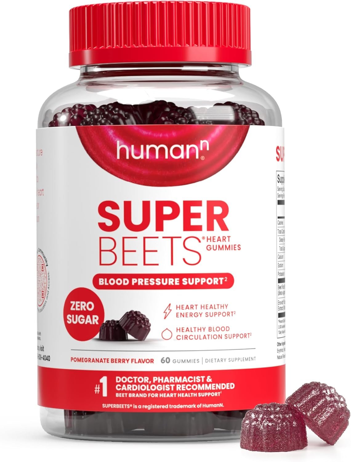 HumanN SuperBeets Heart Gummies - Beet Gummy with Energy Support, Grape Seed Extract Beetroot Powder, Sugar Free - Pomegranate Berry Flavor, 60 Count