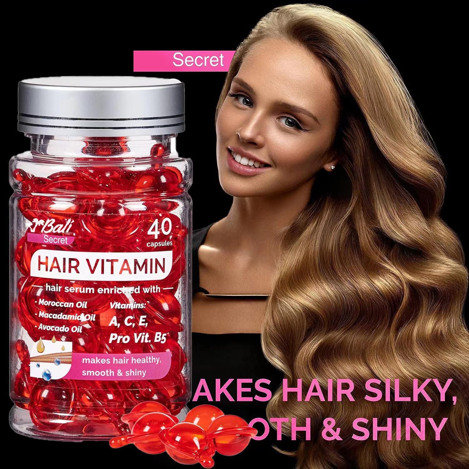 Hussell Hair Treatment Serum - 40 Hair Care Capsules - No Rinse - With Argan Macadamia Avocado Oils - Vitamins A, E, Pro B5 - Conditioner for Women Men