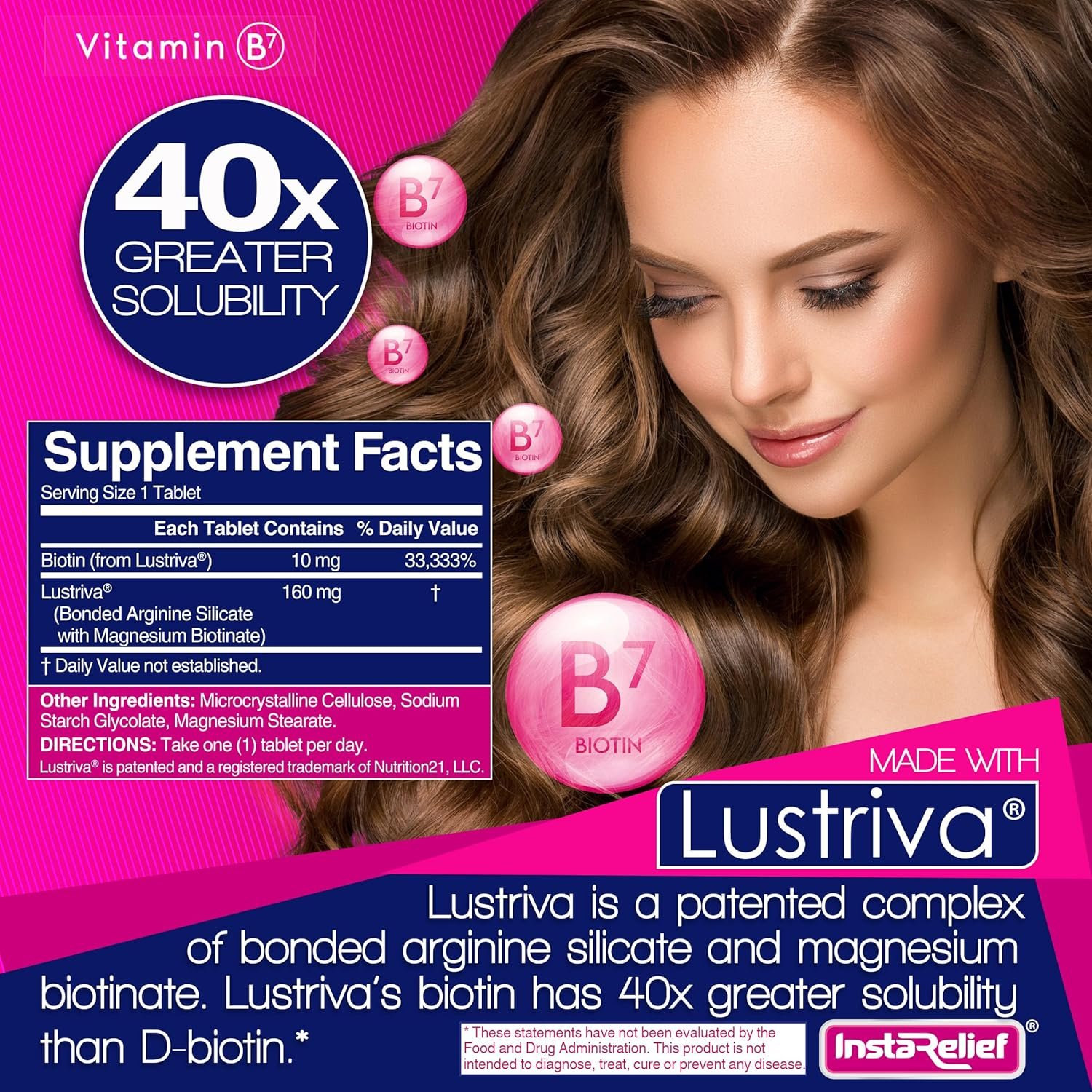 InstaRelief® Hair Growth with Lustriva® - Clinically Shown to Grow Thicker, Healthier Hair in 3 Weeks, Reduce Wrinkles and Fine Lines, with Biotin, Silicon, and Arginine, 60 Tablets