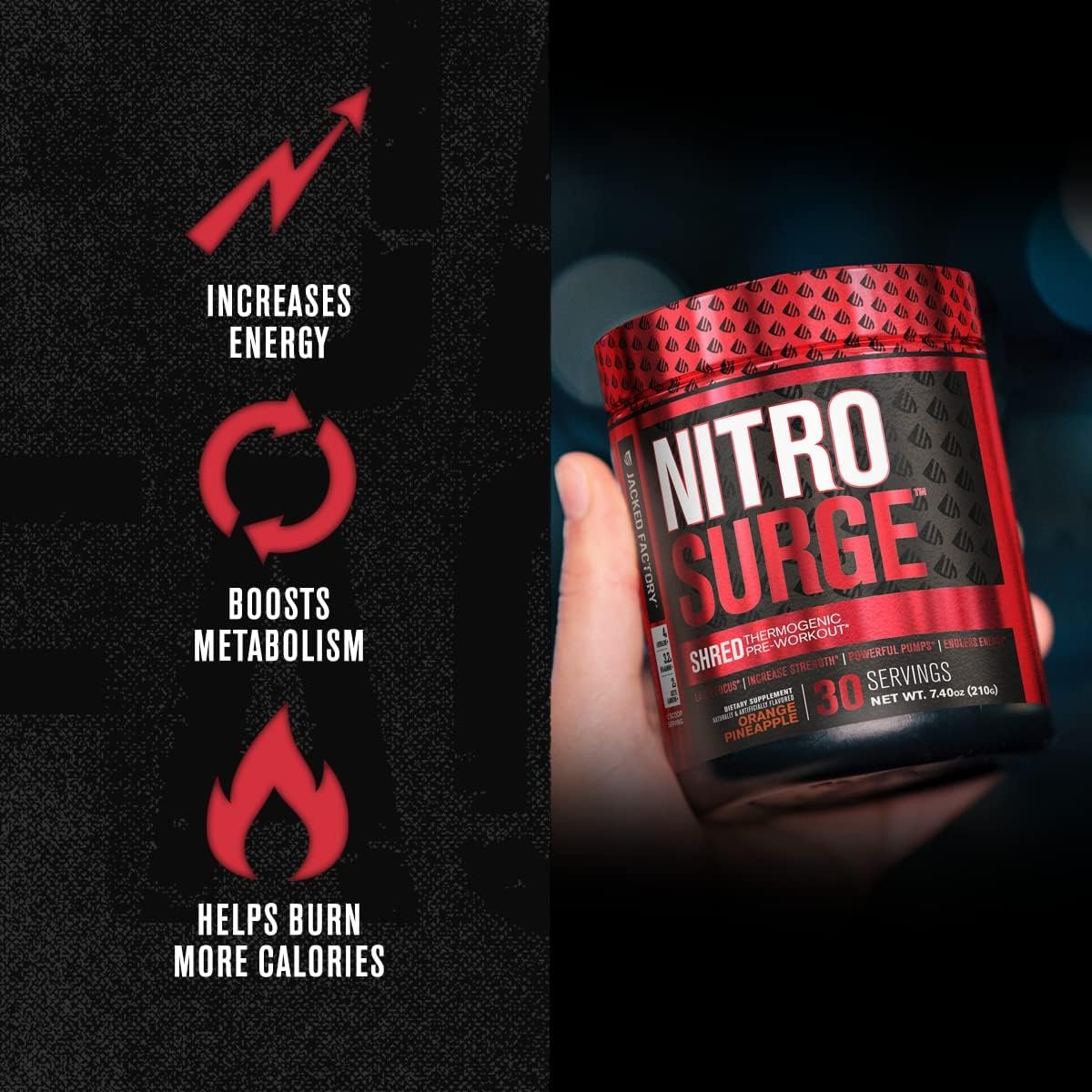 Jacked Factory Nitrosurge Shred Thermogenic Pre-Workout in Orange Pineapple BCAA in Fruit Punch for Body Recomposition, Muscle Building and Recovery