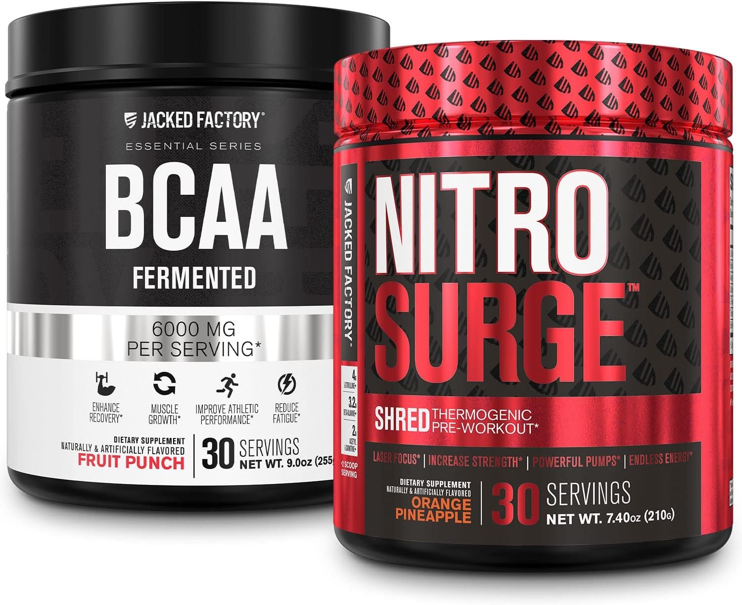Jacked Factory Nitrosurge Shred Thermogenic Pre-Workout in Orange Pineapple BCAA in Fruit Punch for Body Recomposition, Muscle Building and Recovery