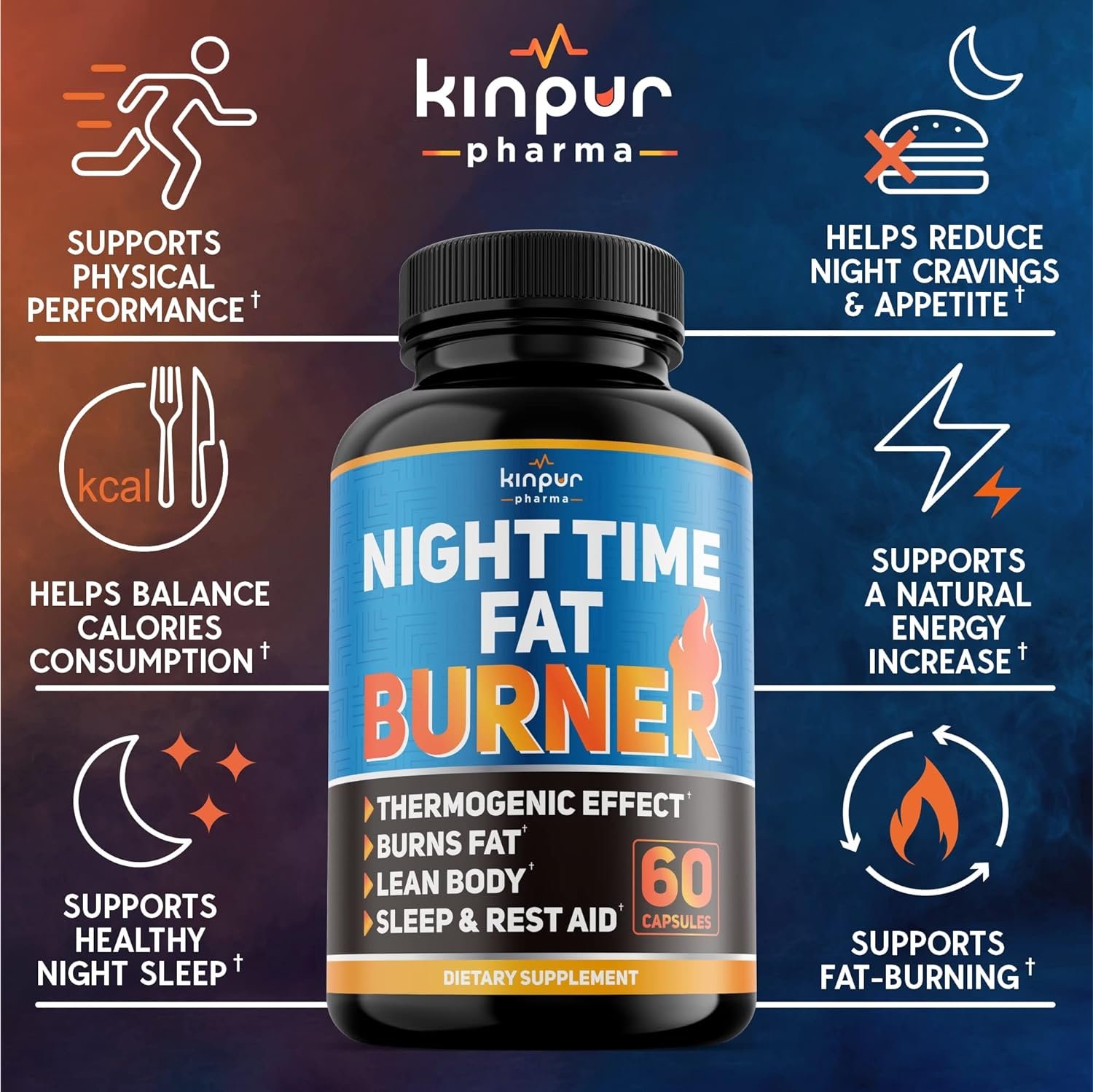 Kinpur Pharma Night Time Fat Burner for Men, Women - Weight Loss Supplement, Appetite Suppressant - Diet Pills That Work Fast - Energy, Metabolism Booster - Natural Plant Extract - 120 Caps in Total