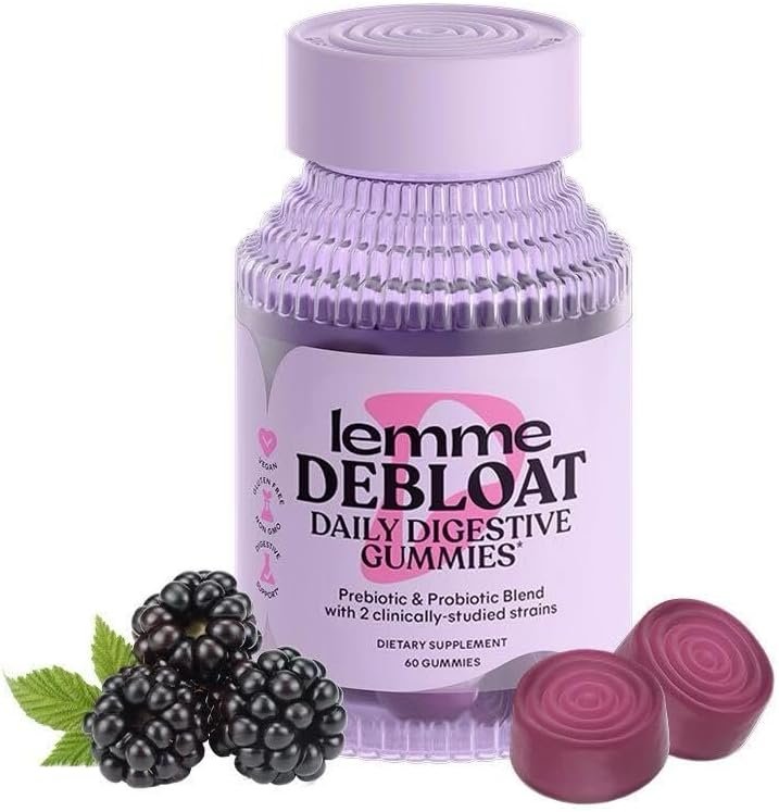 Lemme Debloat - Digestive Gut Health Gummies with 2 Clinically Studied Probiotics Prebiotic, 3 Billion CFUs - Vegetarian, Gluten Free, Non GMO, BlackBerry Flavor (60 Count)